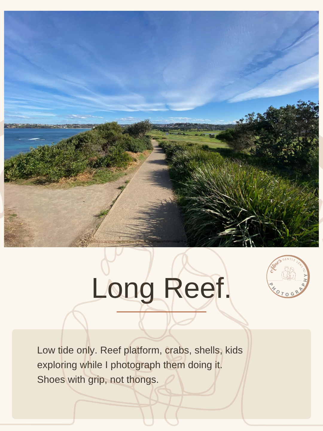 Aline's Gentle Lens carousel slide of the coastal path above Long Reef with low tide notes