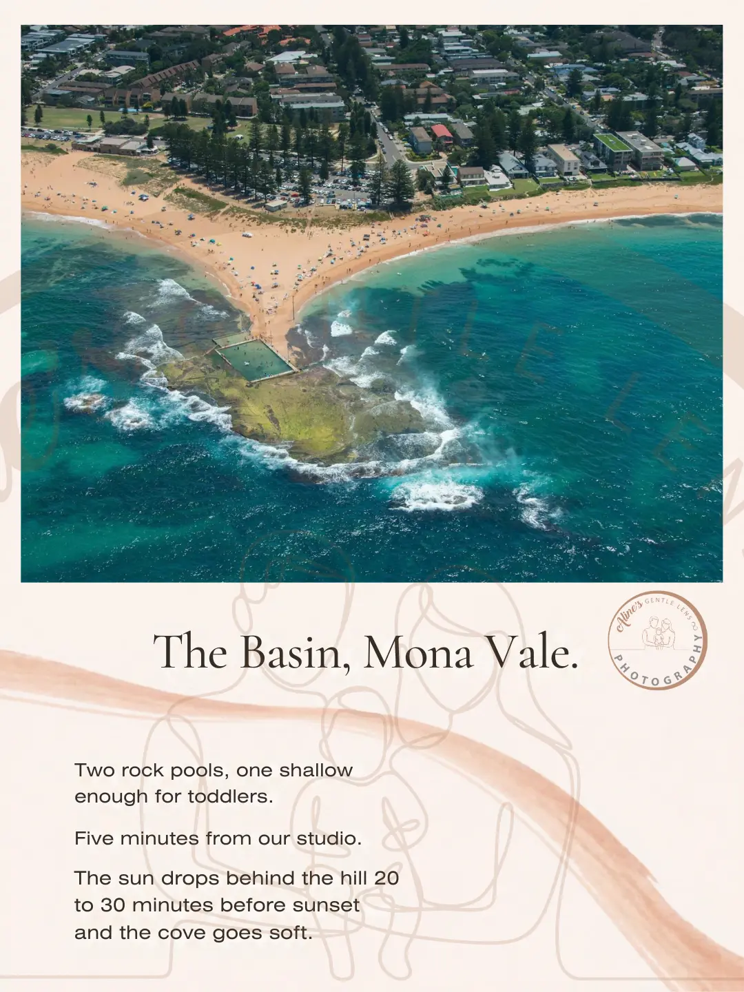 Aline's Gentle Lens carousel slide of an aerial view of the Basin rock pools at Mona Vale with toddler session notes