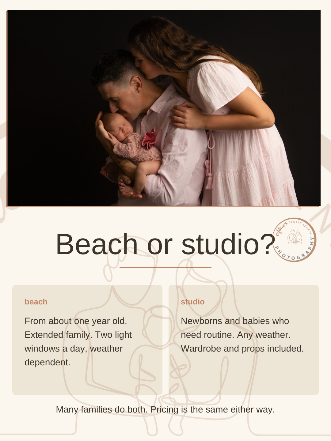 Aline's Gentle Lens carousel slide comparing a beach family session with a studio newborn session