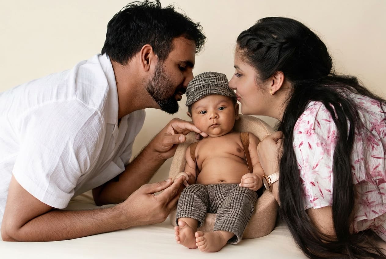Family of five in soft white wardrobe on a bright studio backdrop