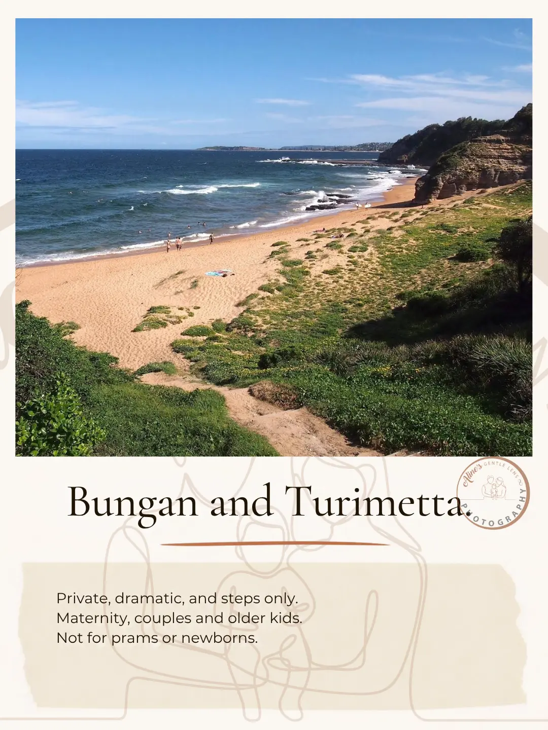 Aline's Gentle Lens carousel slide of Turimetta Beach at golden hour with access notes for Bungan and Turimetta