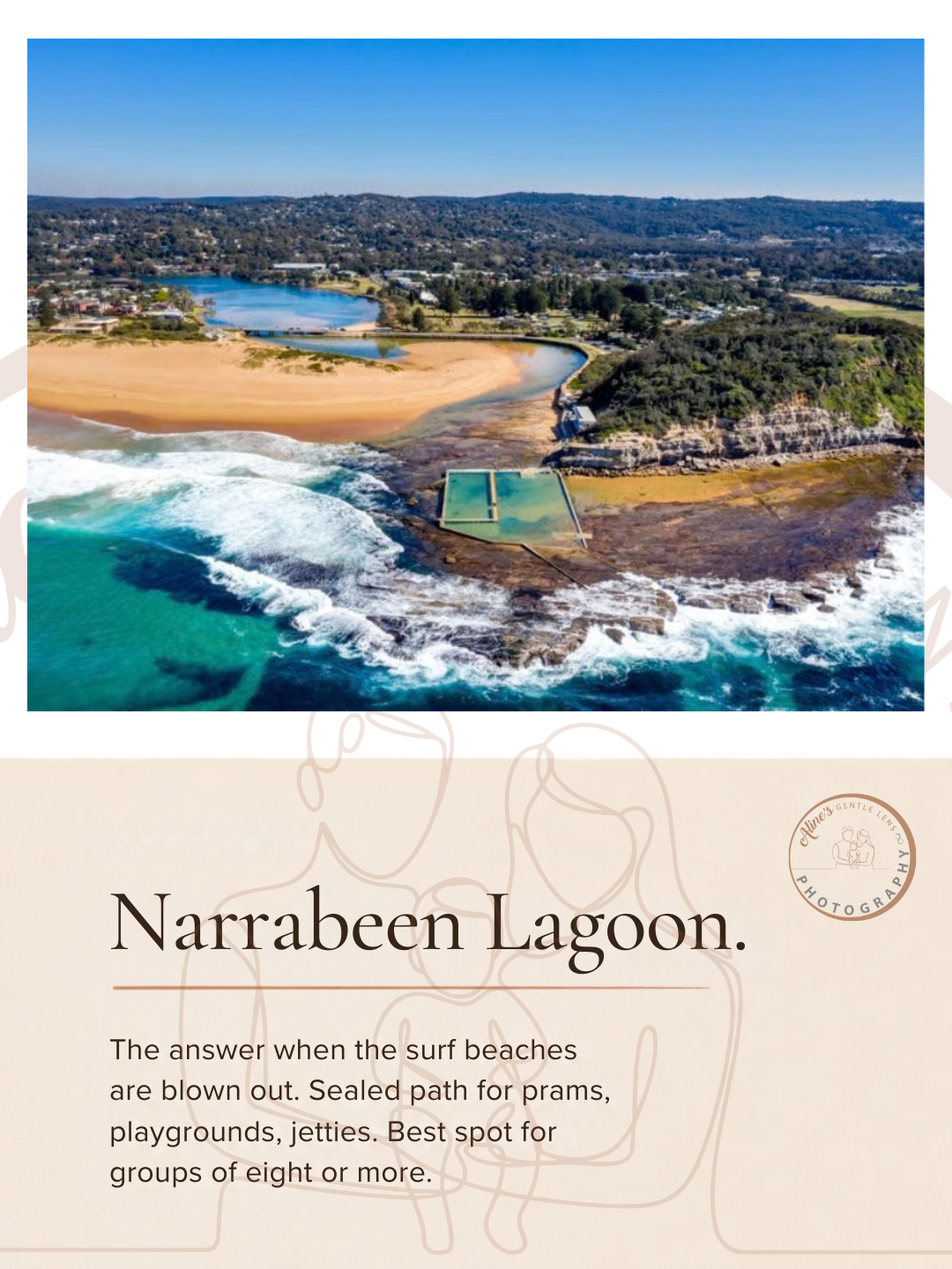 Aline's Gentle Lens carousel slide of an aerial view of Narrabeen Lagoon and its ocean pool with family session notes
