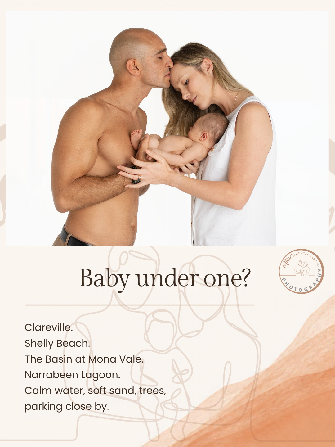 Aline's Gentle Lens carousel slide with a newborn family photo and the calm-water locations suggested for babies under one