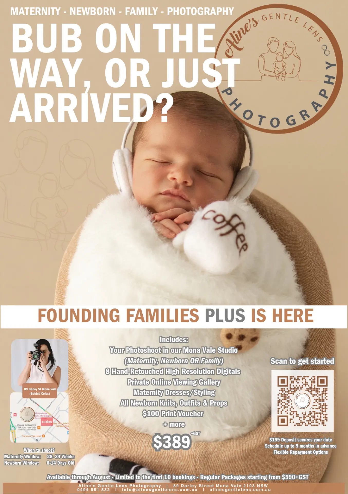 Founding Families PLUS promotion poster — $389 + GST with 8 hand-retouched digitals, maternity, newborn or family session at the Mona Vale studio