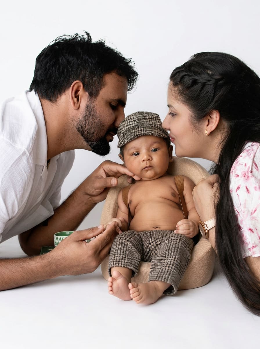 Parents leaning in to kiss their newborn son on a clean white studio backdrop