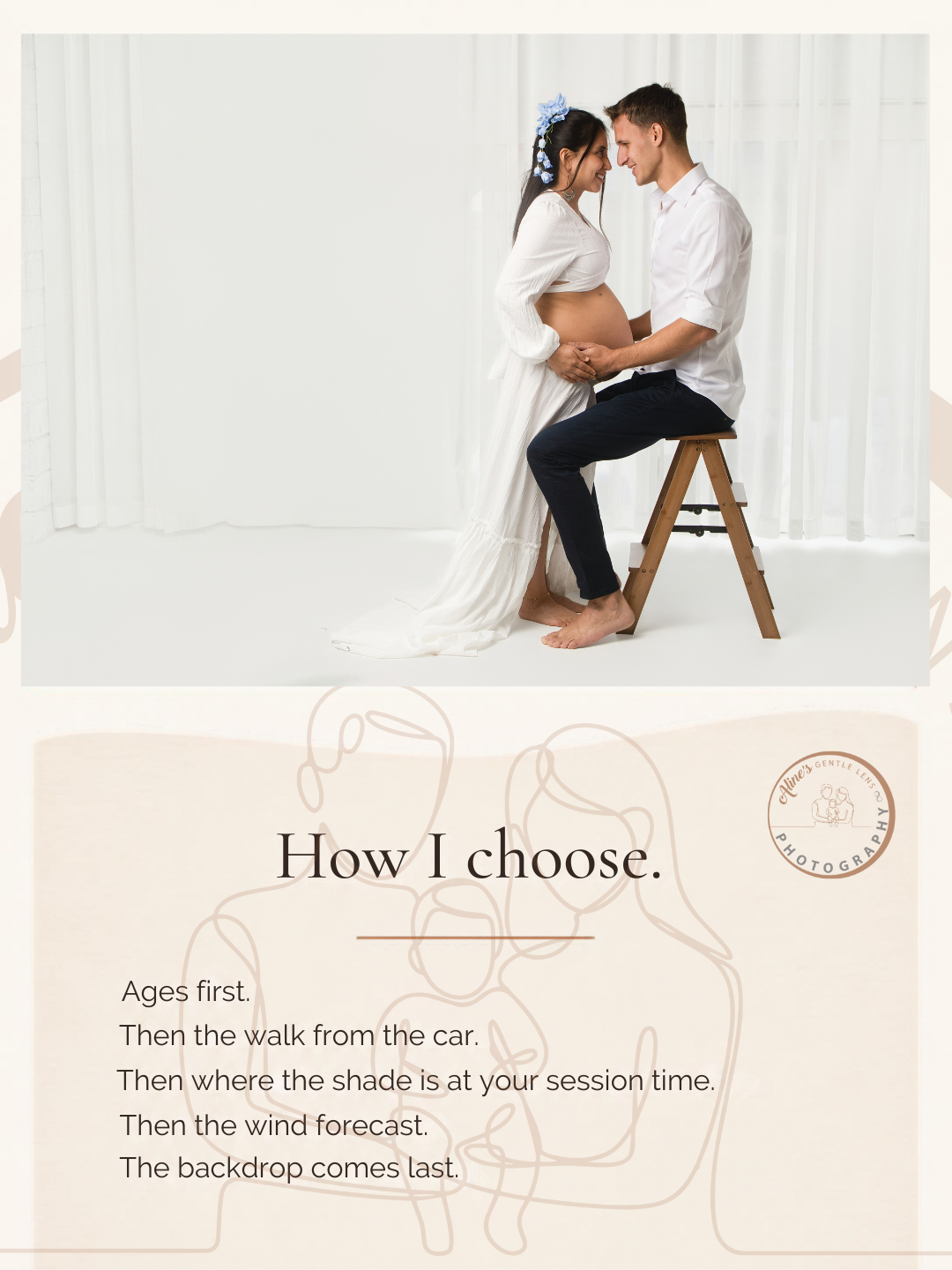 Aline's Gentle Lens carousel slide showing a maternity session in the studio beside the checklist for choosing a family photo location