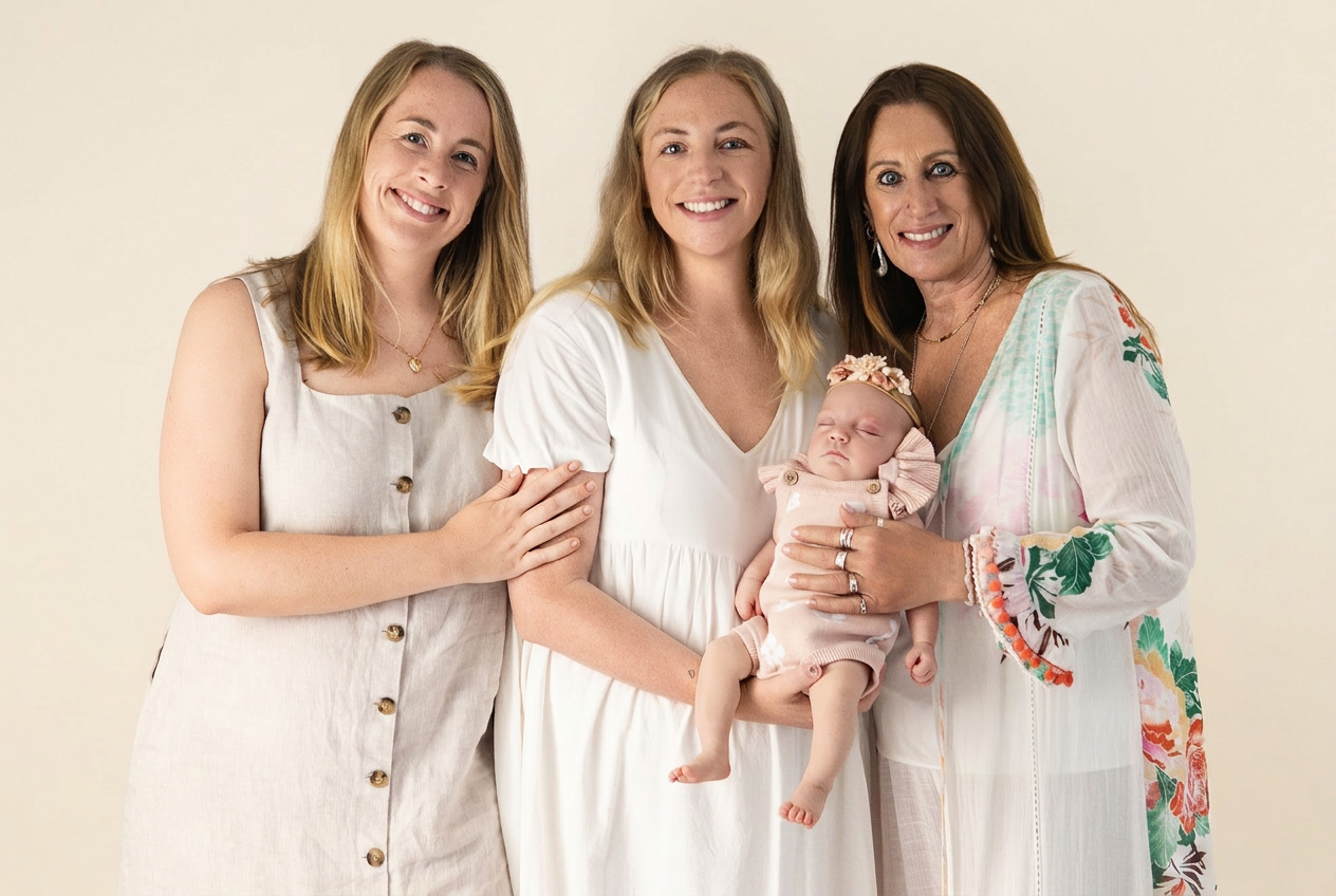 Three generations of women standing with newborn on a soft cream studio backdrop