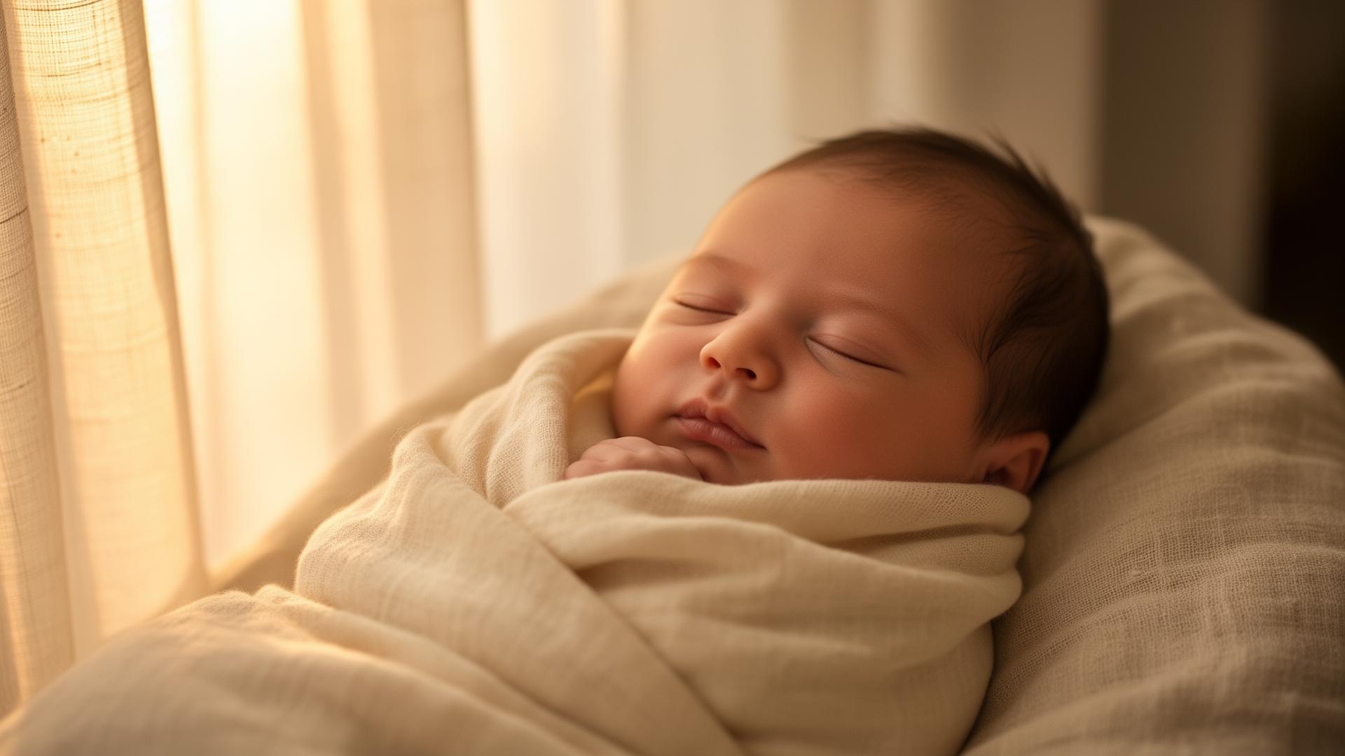 Sleeping newborn wrapped in cream linen lit by morning light