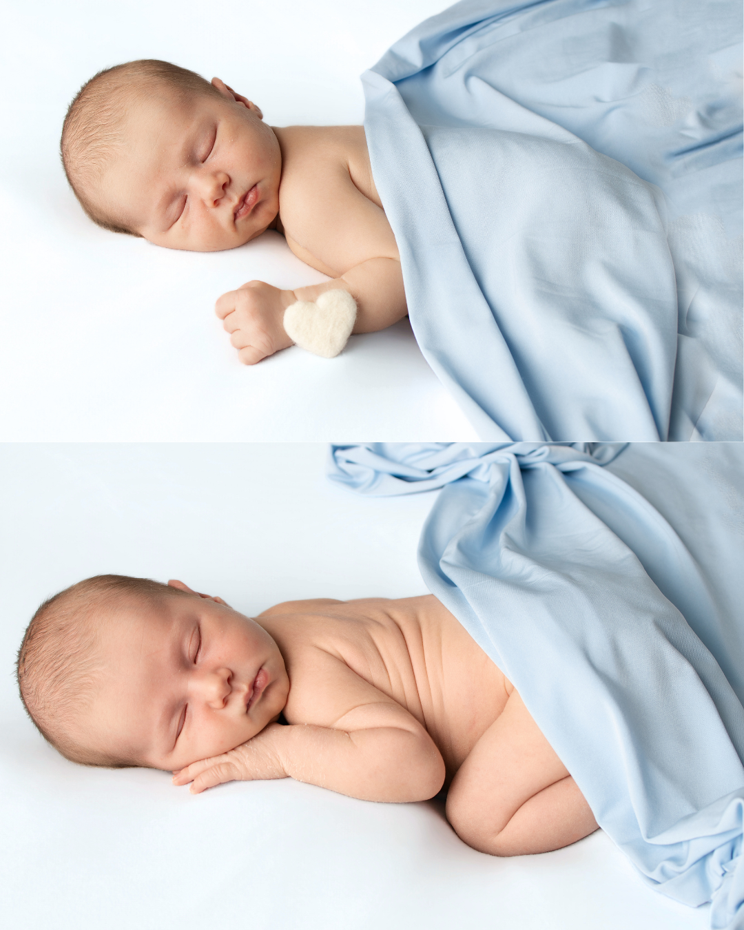 Newborn with soft blue drape and felt heart