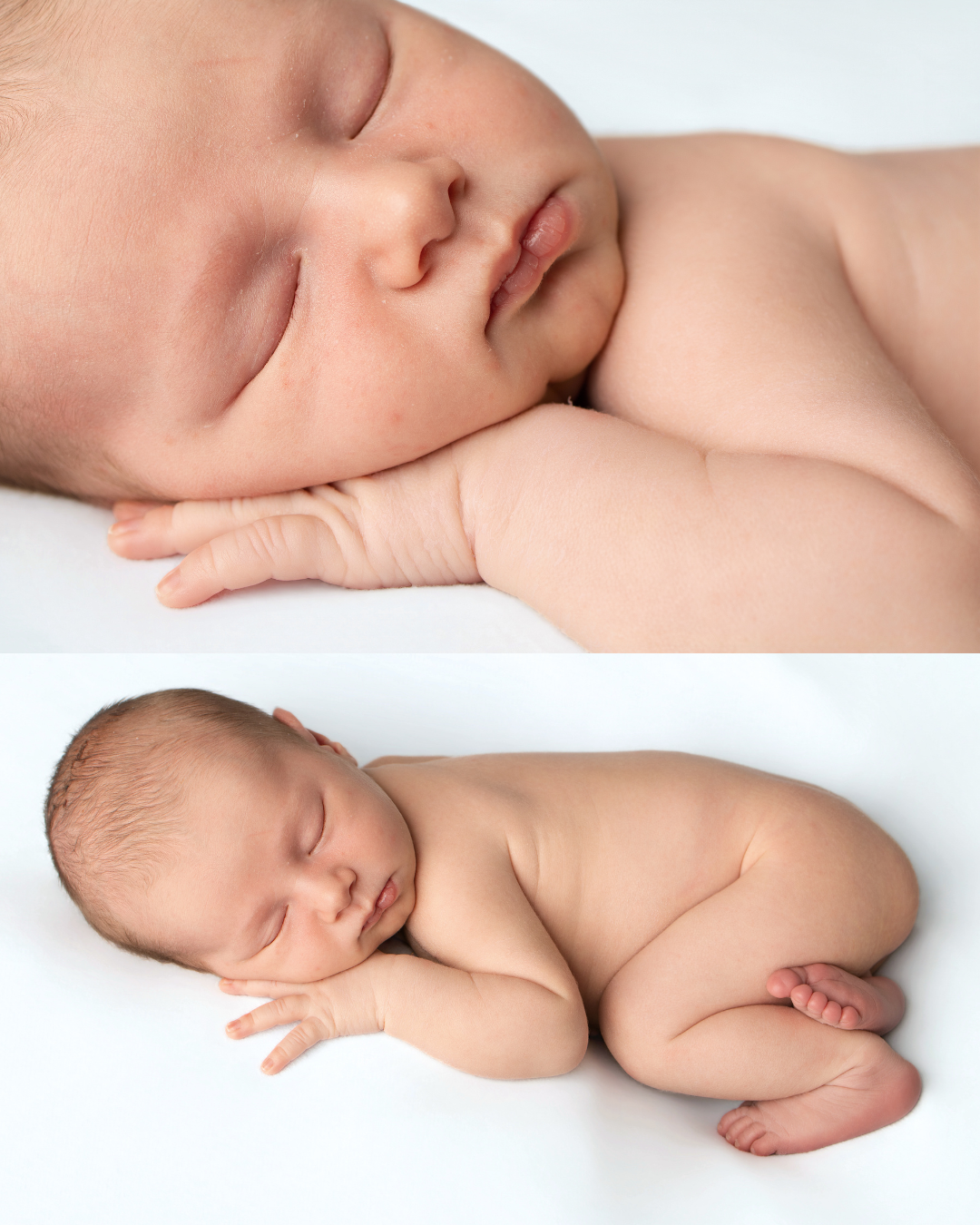 Close portrait of sleeping newborn on cream backdrop