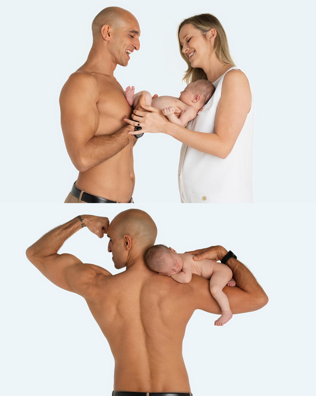 Parents smiling at their newborn together, and father cradling baby on his arm