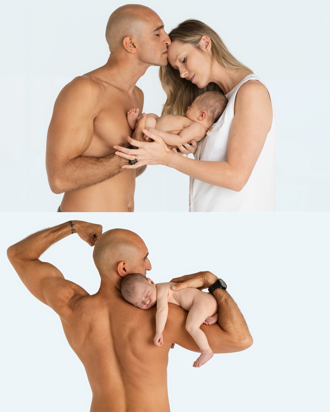 Parents tenderly holding their newborn, and father holding baby across his shoulder